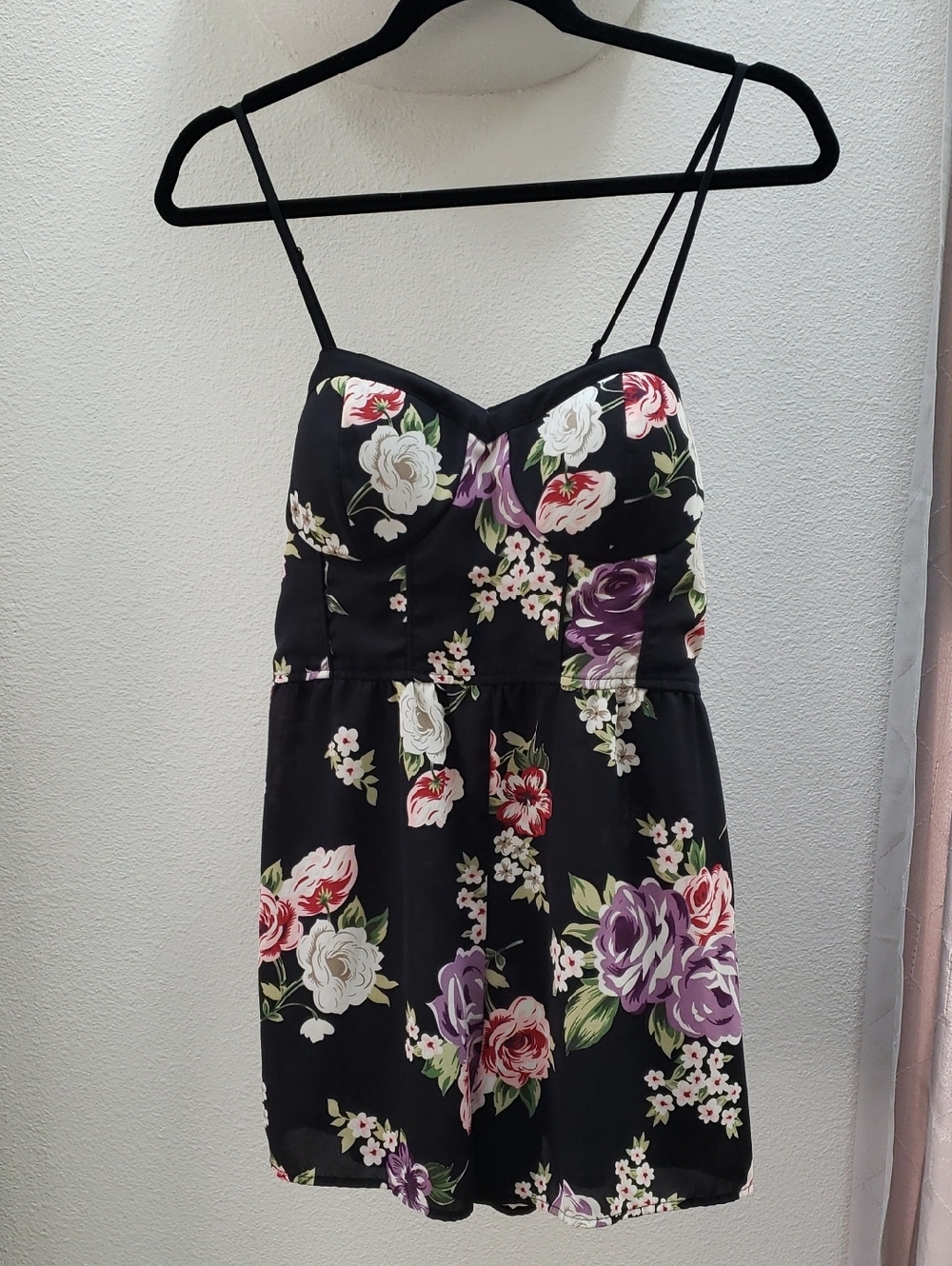 Xhilaration Black Floral Spaghetti-Strap Mini Dress with Pink & Purple Blooms